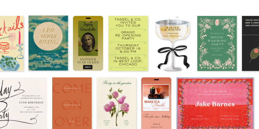 A grid of card images, showing a variety of content including kids birthday, wedding, and business events and invitations