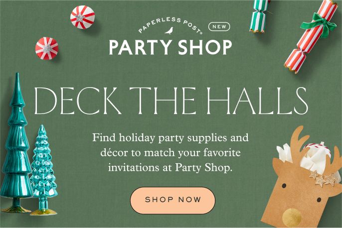 A green backdrop with the message "Deck Those Halls" featuring different festive party decorations promoting holiday supplies and decor. 