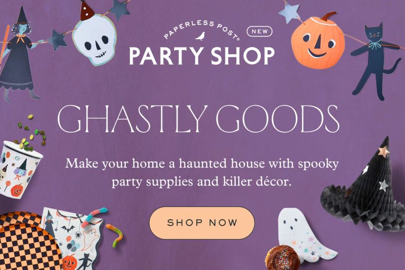 Paperless Post Party Shop Halloween collection featuring festive ghost, skeleton, spider, pumpkin, witch, and honeycomb decorations on a purple background with “Ghastly Goods” text and a “Shop Now” button.