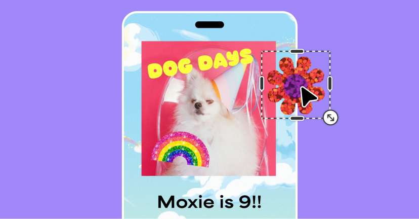 A invitation for a dog's birthday with a computer cursor arrow dragging a flower sticker on to the image of the invitation