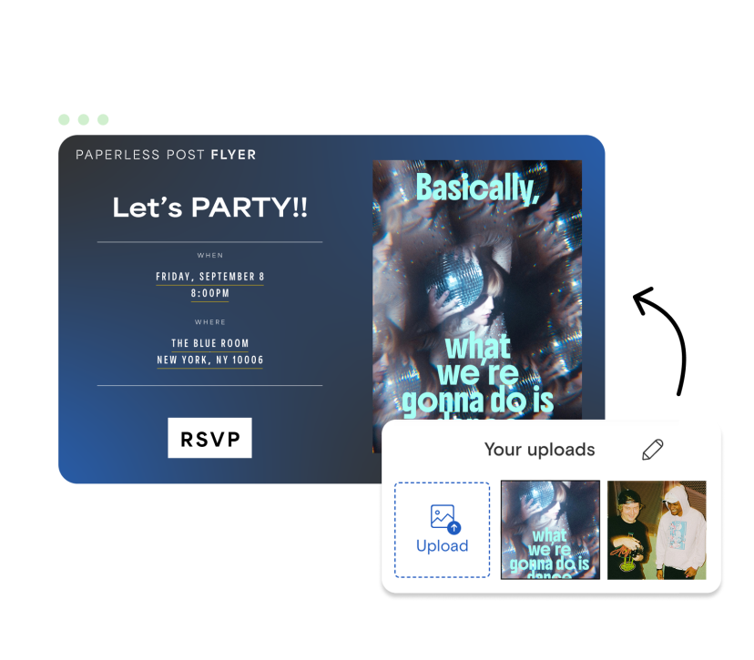 Paperless Post Flyer party invitation with event details, a disco ball photo collage, and a photo upload panel.
