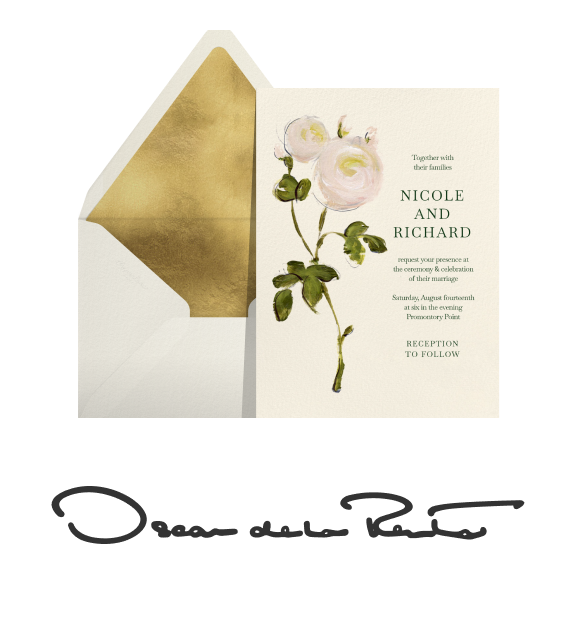 Text that reads 'Oscar de la Renta' paired with a wedding invitation that features a light pink painted flower, an off white envelope, and a gold envelope liner. 