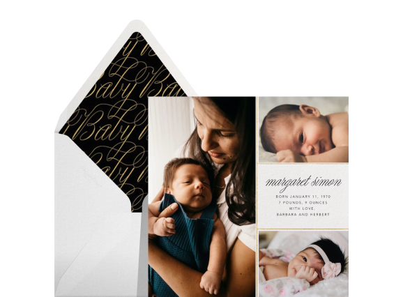 Four birth announcement cards with matching envelopes on a light blue backdrop: A photo card with a floral border, a white card with a pink ribbon border, A card with three different photos, and a black-and-white photo card with blue text and a blue ribbon border. 