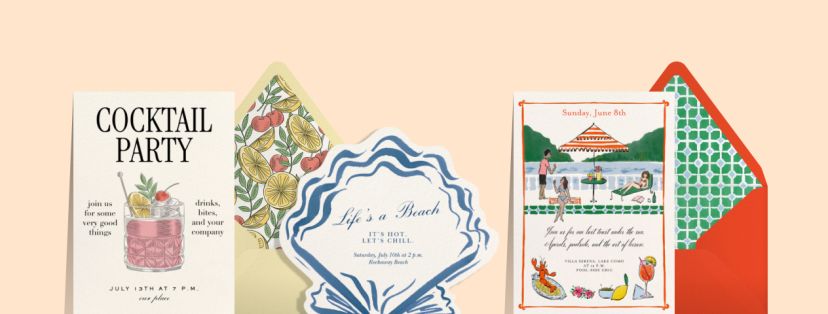 Three summer party invitations on a tan background. On the left, a cocktail party invitation featuring a pink cocktail with fruits and herbs next to a yellow envelope with a patterned lining of fruits and herbs. At the center is a blue and white shell-shaped invitation featuring the text, ‘Life’s a beach.’ On the right is a white pool party invitation with a red envelope that has green and blue patterned lining. The invitation has an illustration of partygoers relaxing by a pool with seafood dishes and cocktails.