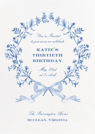 Blue Wreath (Riley Sheehey) - 30th Birthday Invitation by Dogwood Hill