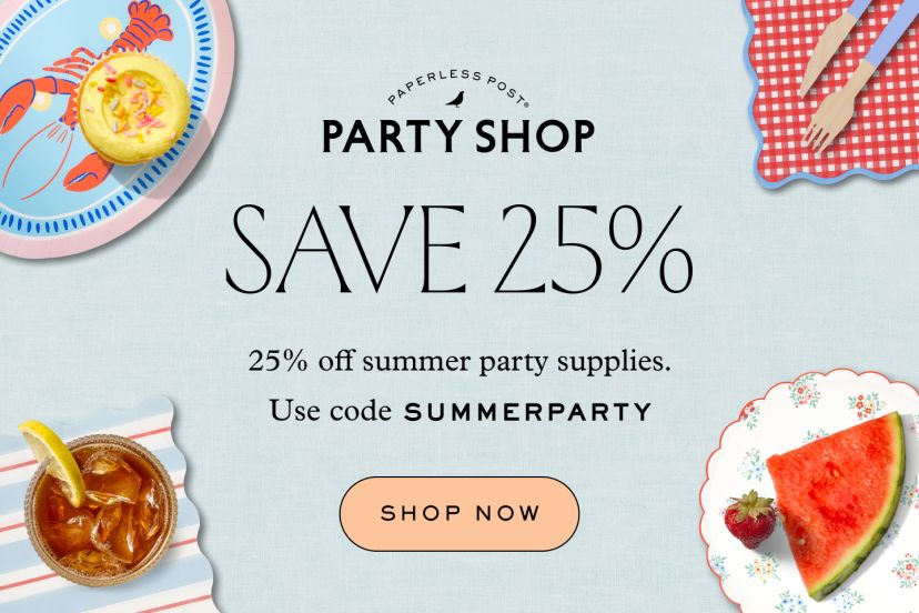 A fork and knife atop a red gingham napkin, strawberry-themed candles, a pack of strawberry seeds, a red gingham cup, yellow honeycomb paper décor, a slice of watermelon and a strawberry atop a floral plate, a glass of iced tea with a lemon wedge atop a red, white, and blue striped napkin, and a yellow cupcake atop a lobster-illustrated plate next to a yellow, red, and white napkin are propped against a powder blue rectangular backdrop with a Paperless Post Party Shop logo and text that reads, "25% off summer party supplies, use code SUMMERPARTY" with a “shop now” CTA button below.